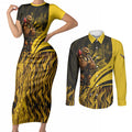Personalised Hawthorn Hawks Football Couples Matching Short Sleeve Bodycon Dress and Long Sleeve Button Shirt Australian City Skyline Graphic Fierce Mascot Art