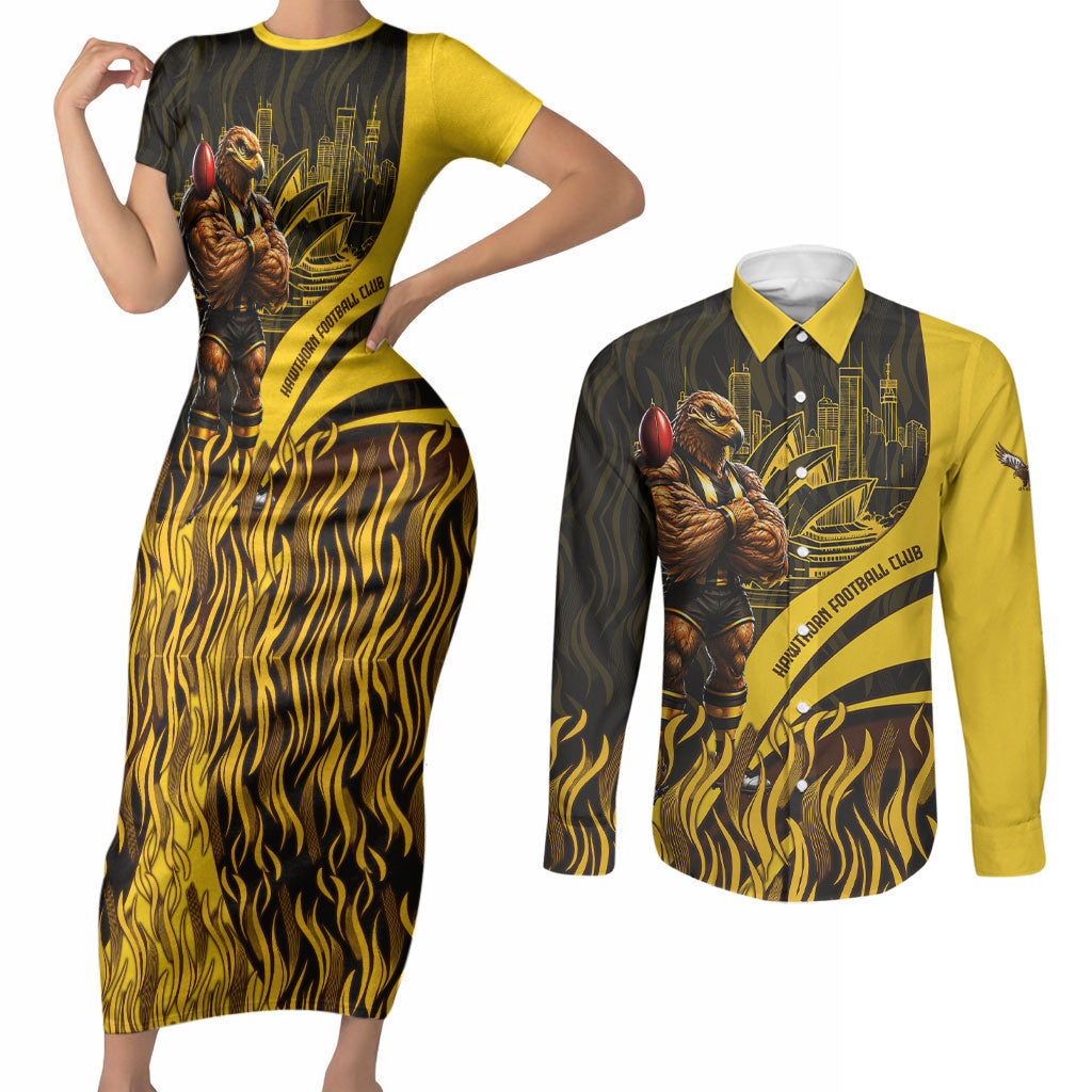 Personalised Hawthorn Hawks Football Couples Matching Short Sleeve Bodycon Dress and Long Sleeve Button Shirt Australian City Skyline Graphic Fierce Mascot Art
