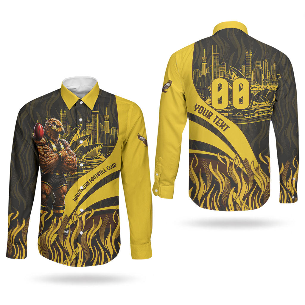 Personalised Hawthorn Hawks Football Couples Matching Short Sleeve Bodycon Dress and Long Sleeve Button Shirt Australian City Skyline Graphic Fierce Mascot Art