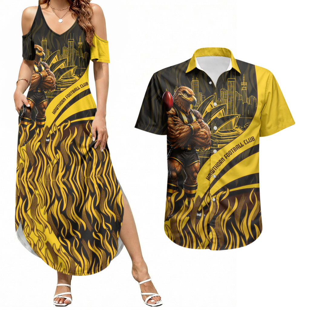 Personalised Hawthorn Hawks Football Couples Matching Summer Maxi Dress and Hawaiian Shirt Australian City Skyline Graphic Fierce Mascot Art