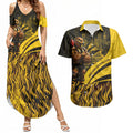 Personalised Hawthorn Hawks Football Couples Matching Summer Maxi Dress and Hawaiian Shirt Australian City Skyline Graphic Fierce Mascot Art