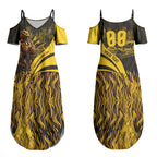 Personalised Hawthorn Hawks Football Couples Matching Summer Maxi Dress and Hawaiian Shirt Australian City Skyline Graphic Fierce Mascot Art