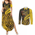Personalised Hawthorn Hawks Football Couples Matching Summer Maxi Dress and Long Sleeve Button Shirt Australian City Skyline Graphic Fierce Mascot Art