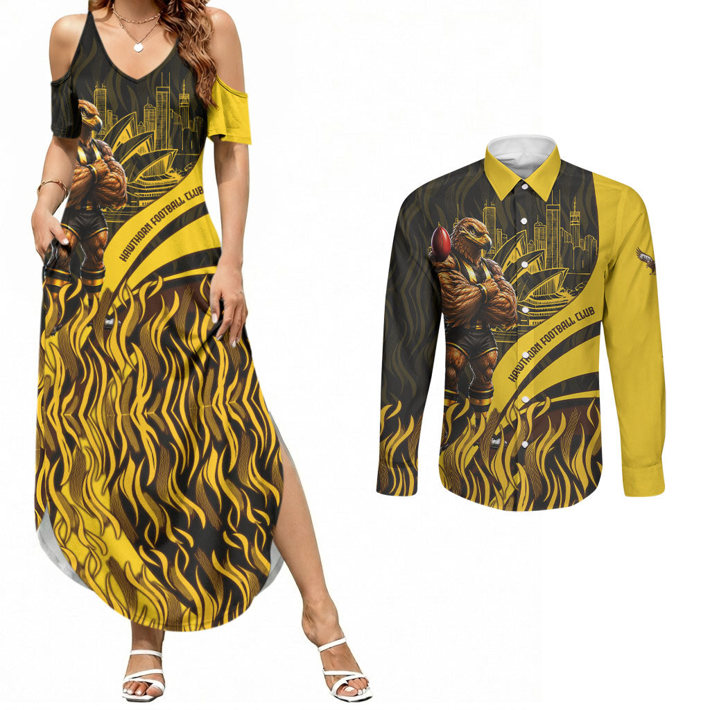 Personalised Hawthorn Hawks Football Couples Matching Summer Maxi Dress and Long Sleeve Button Shirt Australian City Skyline Graphic Fierce Mascot Art