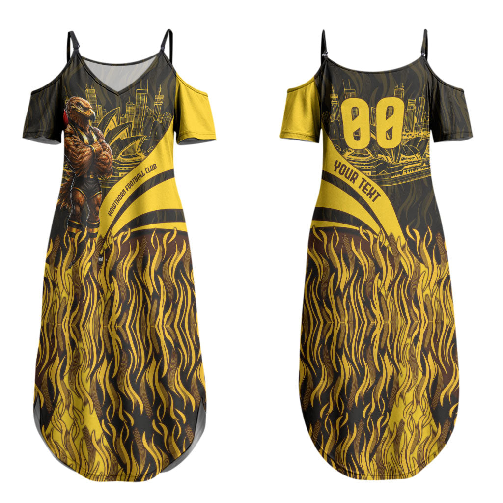 Personalised Hawthorn Hawks Football Couples Matching Summer Maxi Dress and Long Sleeve Button Shirt Australian City Skyline Graphic Fierce Mascot Art