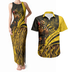 Personalised Hawthorn Hawks Football Couples Matching Tank Maxi Dress and Hawaiian Shirt Australian City Skyline Graphic Fierce Mascot Art