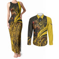 Personalised Hawthorn Hawks Football Couples Matching Tank Maxi Dress and Long Sleeve Button Shirt Australian City Skyline Graphic Fierce Mascot Art
