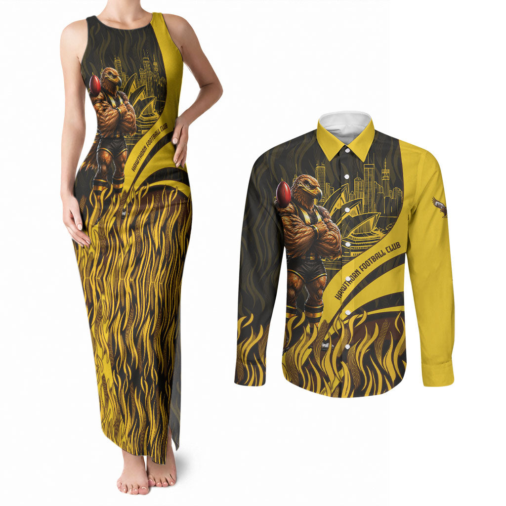 Personalised Hawthorn Hawks Football Couples Matching Tank Maxi Dress and Long Sleeve Button Shirt Australian City Skyline Graphic Fierce Mascot Art
