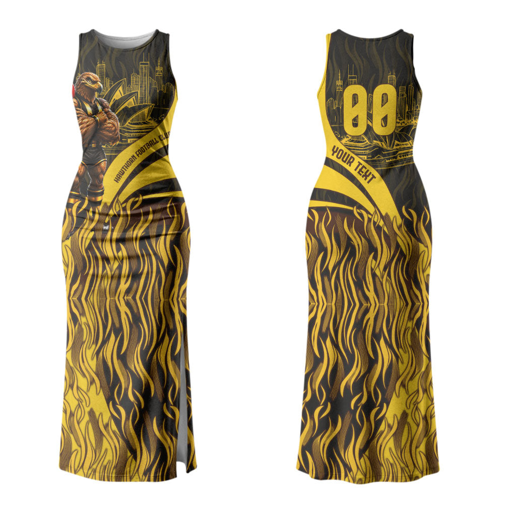 Personalised Hawthorn Hawks Football Couples Matching Tank Maxi Dress and Long Sleeve Button Shirt Australian City Skyline Graphic Fierce Mascot Art