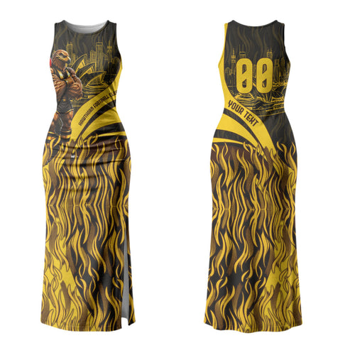 Personalised Hawthorn Hawks Football Couples Matching Tank Maxi Dress and Long Sleeve Button Shirt Australian City Skyline Graphic Fierce Mascot Art
