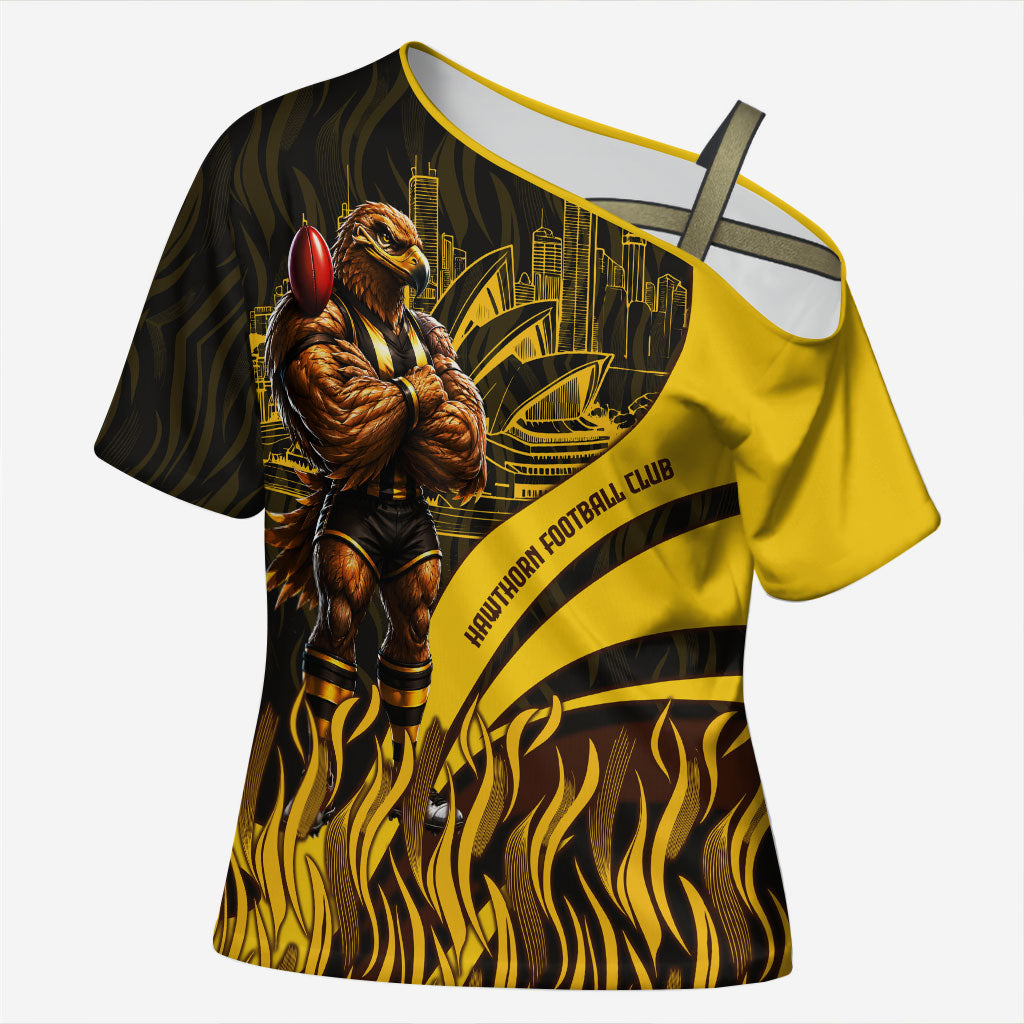 Personalised Hawthorn Hawks Football Cross Shoulder Shirt Australian City Skyline Graphic Fierce Mascot Art