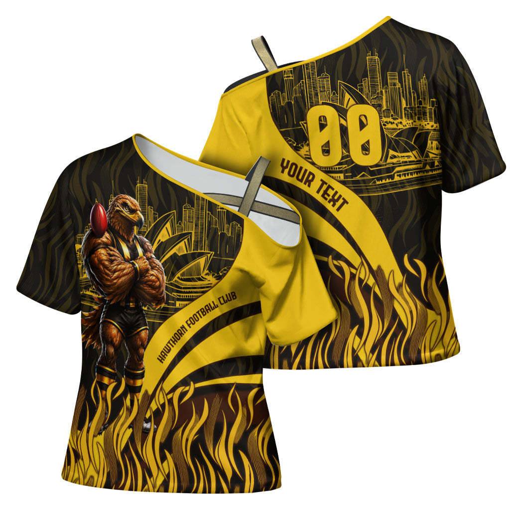Personalised Hawthorn Hawks Football Cross Shoulder Shirt Australian City Skyline Graphic Fierce Mascot Art