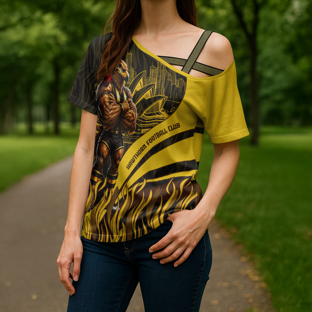 Personalised Hawthorn Hawks Football Cross Shoulder Shirt Australian City Skyline Graphic Fierce Mascot Art