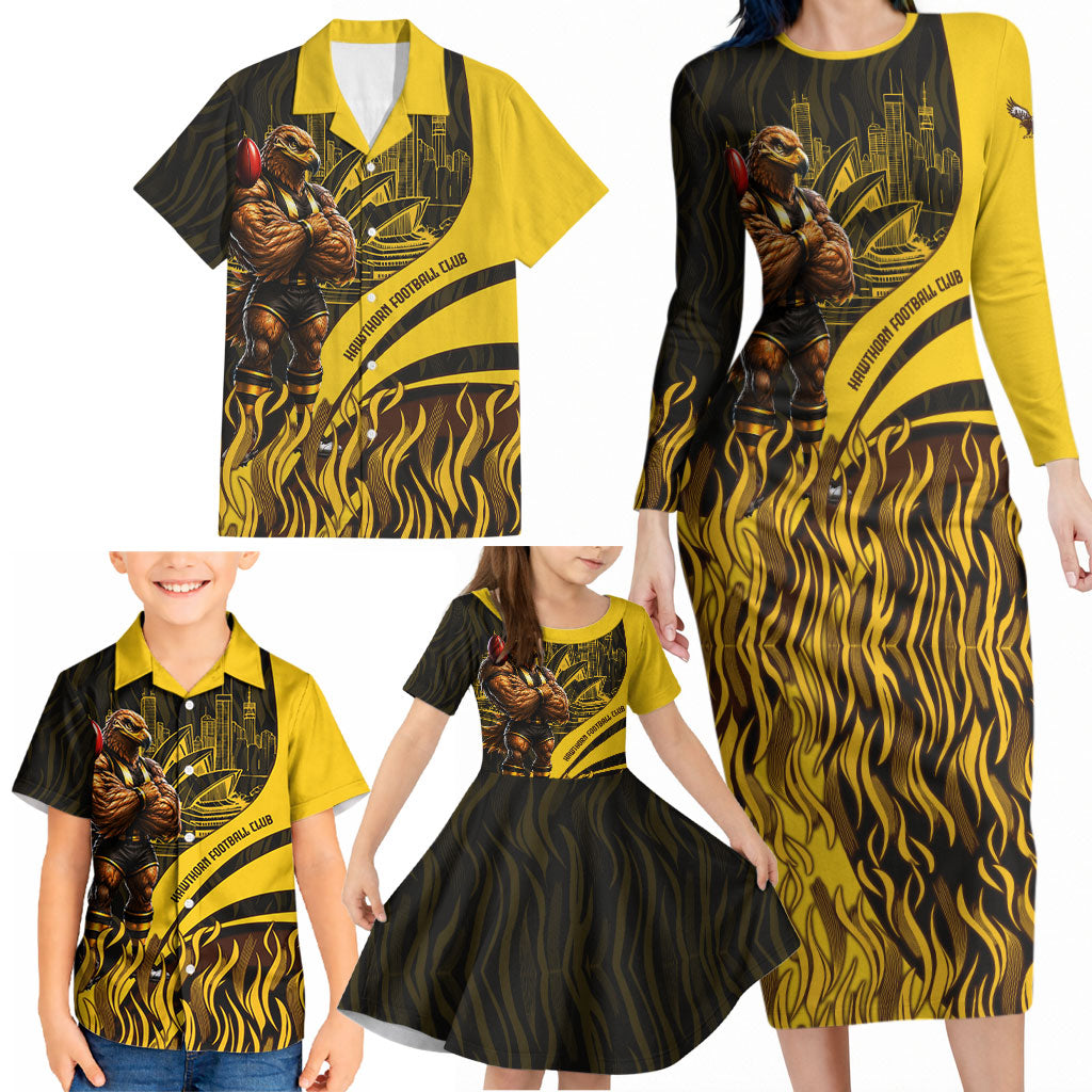 Personalised Hawthorn Hawks Football Family Matching Long Sleeve Bodycon Dress and Hawaiian Shirt Australian City Skyline Graphic Fierce Mascot Art
