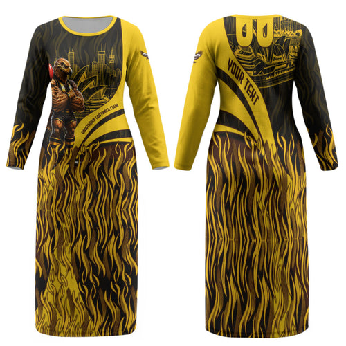 Personalised Hawthorn Hawks Football Family Matching Long Sleeve Bodycon Dress and Hawaiian Shirt Australian City Skyline Graphic Fierce Mascot Art