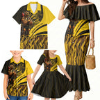 Personalised Hawthorn Hawks Football Family Matching Mermaid Dress and Hawaiian Shirt Australian City Skyline Graphic Fierce Mascot Art