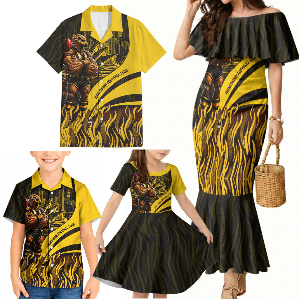 Personalised Hawthorn Hawks Football Family Matching Mermaid Dress and Hawaiian Shirt Australian City Skyline Graphic Fierce Mascot Art