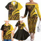 Personalised Hawthorn Hawks Football Family Matching Off The Shoulder Long Sleeve Dress and Hawaiian Shirt Australian City Skyline Graphic Fierce Mascot Art