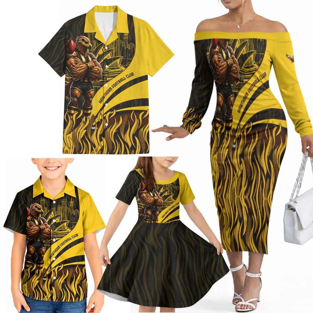 Personalised Hawthorn Hawks Football Family Matching Off The Shoulder Long Sleeve Dress and Hawaiian Shirt Australian City Skyline Graphic Fierce Mascot Art