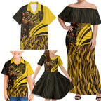 Personalised Hawthorn Hawks Football Family Matching Off Shoulder Maxi Dress and Hawaiian Shirt Australian City Skyline Graphic Fierce Mascot Art