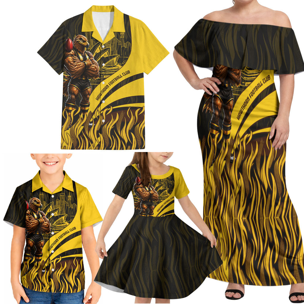 Personalised Hawthorn Hawks Football Family Matching Off Shoulder Maxi Dress and Hawaiian Shirt Australian City Skyline Graphic Fierce Mascot Art