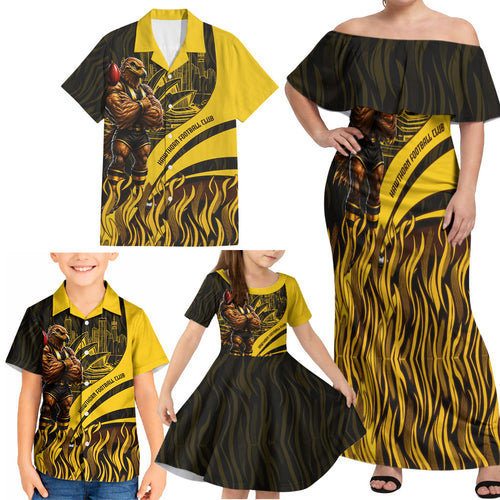 Personalised Hawthorn Hawks Football Family Matching Off Shoulder Maxi Dress and Hawaiian Shirt Australian City Skyline Graphic Fierce Mascot Art
