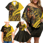 Personalised Hawthorn Hawks Football Family Matching Off Shoulder Short Dress and Hawaiian Shirt Australian City Skyline Graphic Fierce Mascot Art