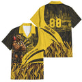 Personalised Hawthorn Hawks Football Family Matching Off Shoulder Short Dress and Hawaiian Shirt Australian City Skyline Graphic Fierce Mascot Art