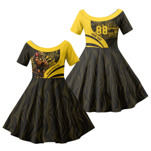Personalised Hawthorn Hawks Football Family Matching Off Shoulder Short Dress and Hawaiian Shirt Australian City Skyline Graphic Fierce Mascot Art