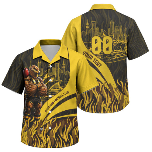 Personalised Hawthorn Hawks Football Family Matching Off Shoulder Short Dress and Hawaiian Shirt Australian City Skyline Graphic Fierce Mascot Art