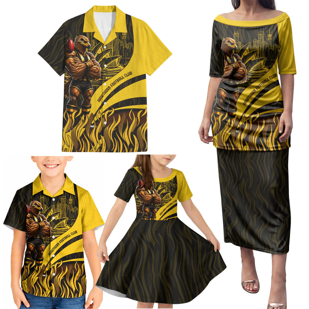 Personalised Hawthorn Hawks Football Family Matching Puletasi and Hawaiian Shirt Australian City Skyline Graphic Fierce Mascot Art