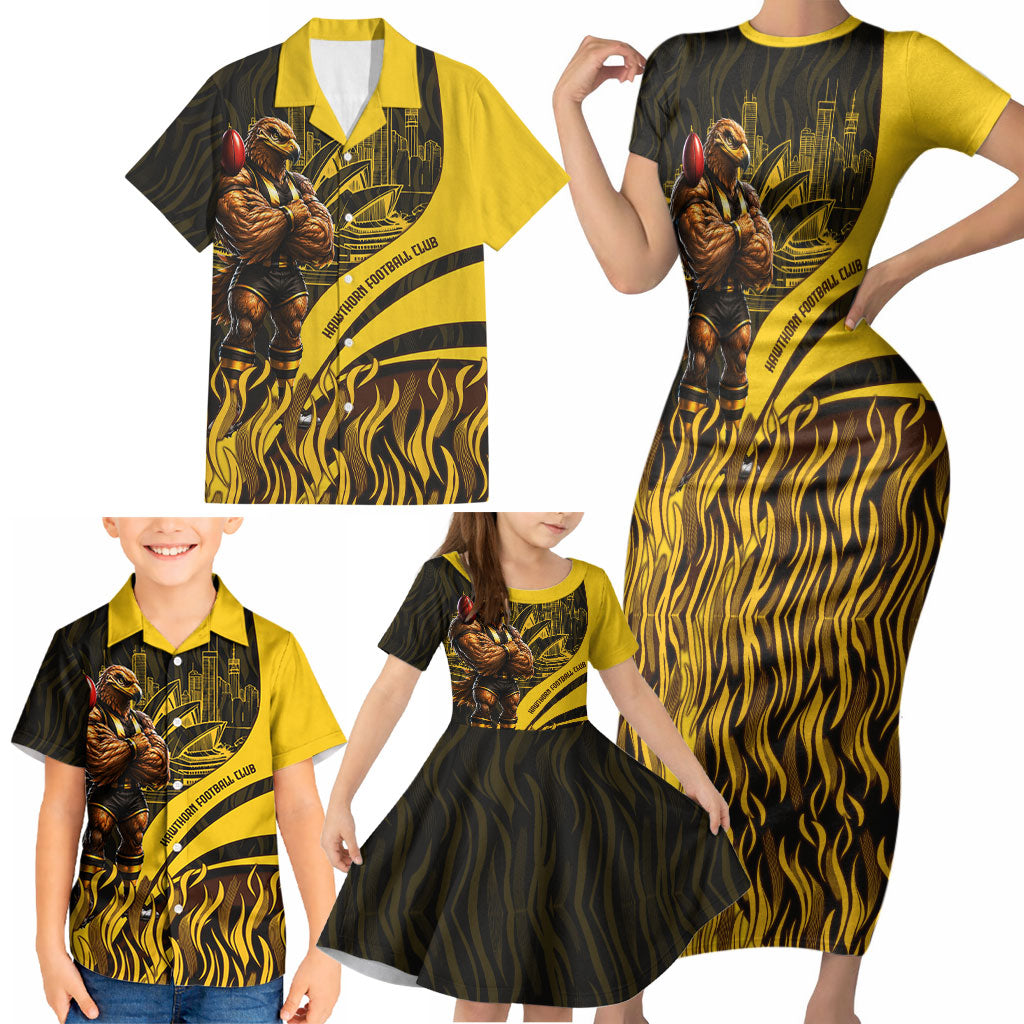 Personalised Hawthorn Hawks Football Family Matching Short Sleeve Bodycon Dress and Hawaiian Shirt Australian City Skyline Graphic Fierce Mascot Art