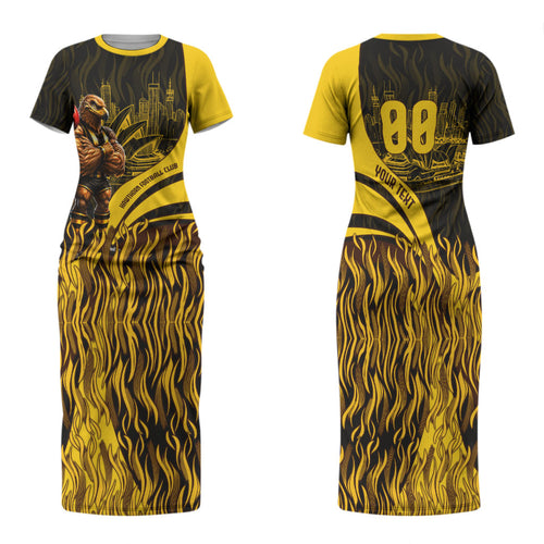 Personalised Hawthorn Hawks Football Family Matching Short Sleeve Bodycon Dress and Hawaiian Shirt Australian City Skyline Graphic Fierce Mascot Art
