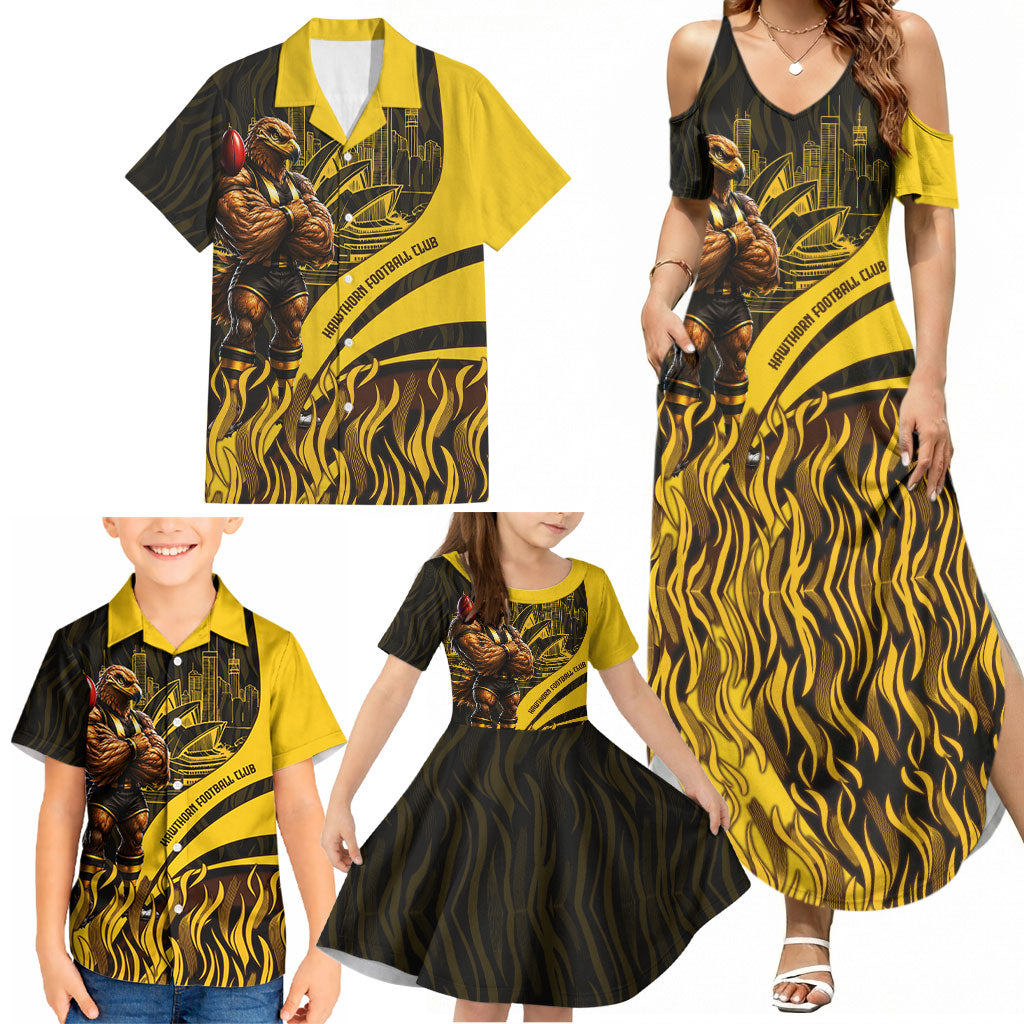 Personalised Hawthorn Hawks Football Family Matching Summer Maxi Dress and Hawaiian Shirt Australian City Skyline Graphic Fierce Mascot Art