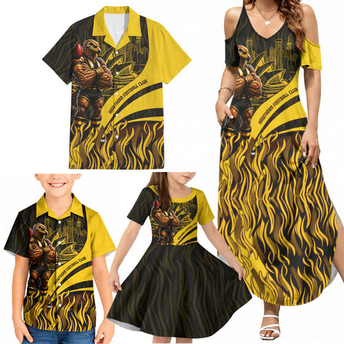Personalised Hawthorn Hawks Football Family Matching Summer Maxi Dress and Hawaiian Shirt Australian City Skyline Graphic Fierce Mascot Art