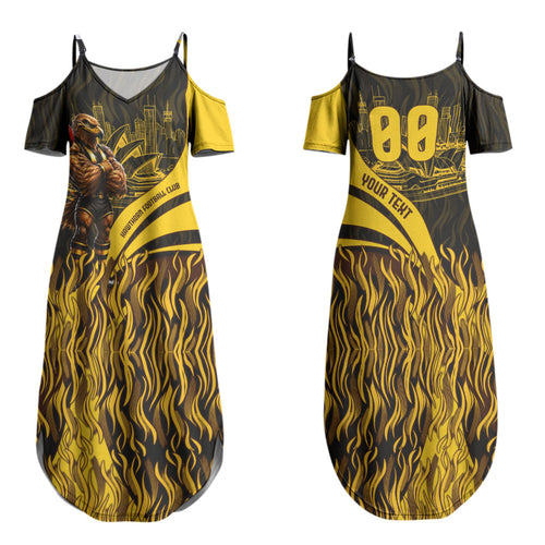 Personalised Hawthorn Hawks Football Family Matching Summer Maxi Dress and Hawaiian Shirt Australian City Skyline Graphic Fierce Mascot Art