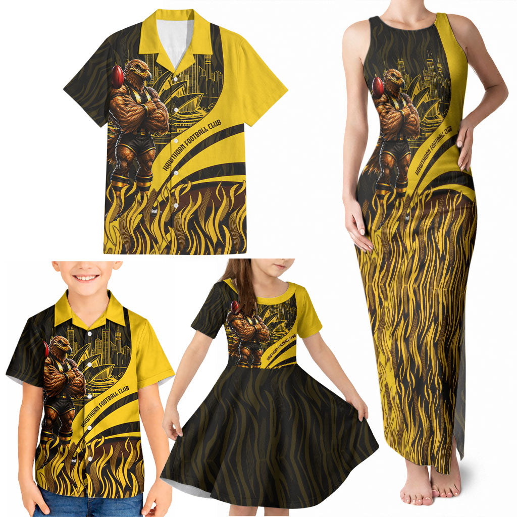 Personalised Hawthorn Hawks Football Family Matching Tank Maxi Dress and Hawaiian Shirt Australian City Skyline Graphic Fierce Mascot Art