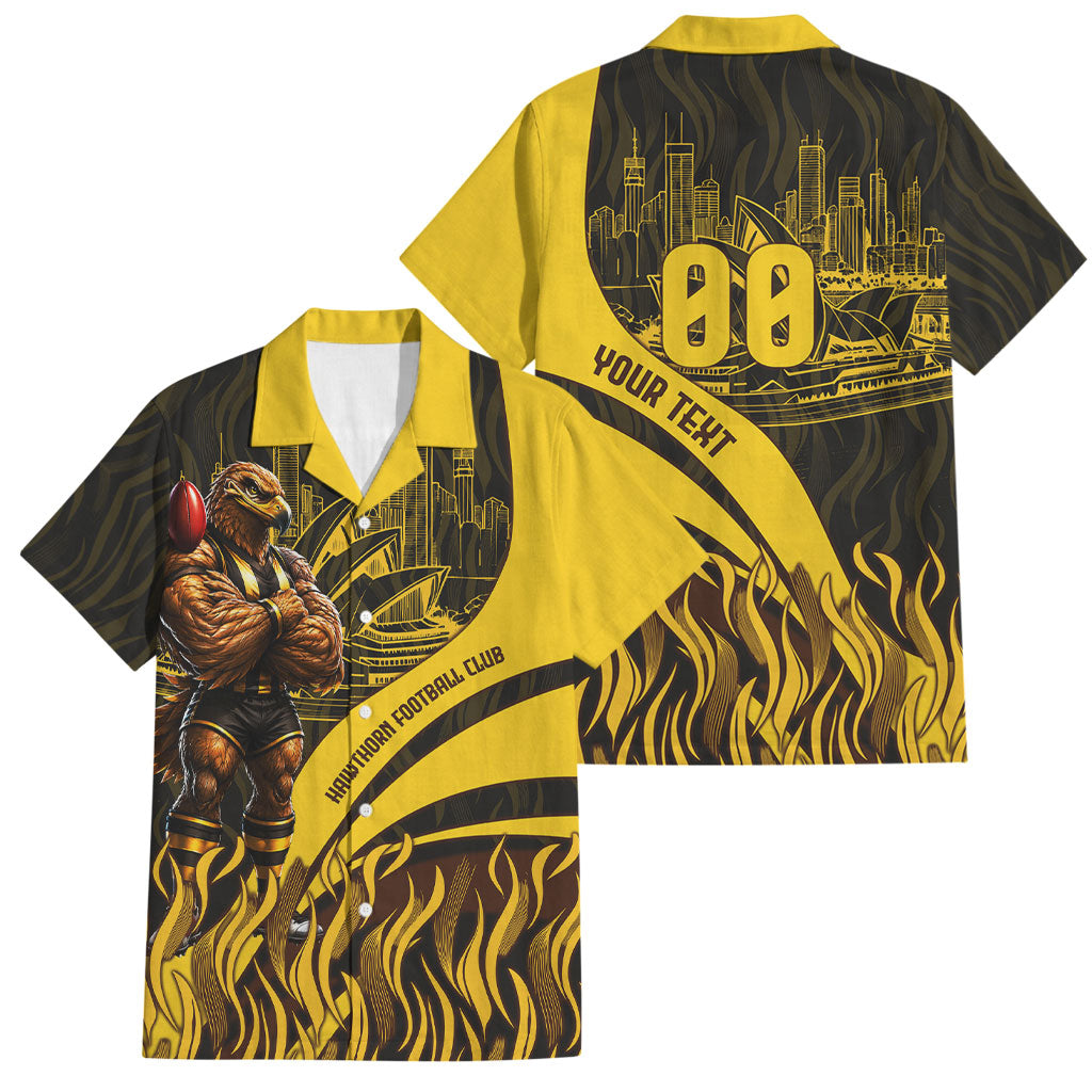 Personalised Hawthorn Hawks Football Family Matching Tank Maxi Dress and Hawaiian Shirt Australian City Skyline Graphic Fierce Mascot Art