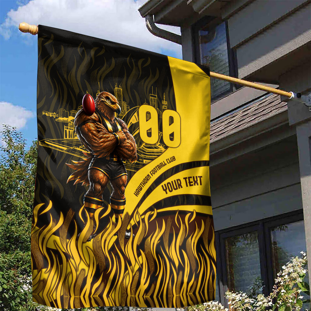 Personalised Hawthorn Hawks Football Garden Flag Australian City Skyline Graphic Fierce Mascot Art