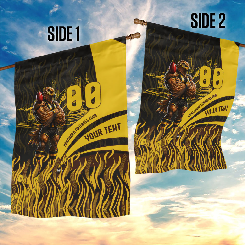 Personalised Hawthorn Hawks Football Garden Flag Australian City Skyline Graphic Fierce Mascot Art