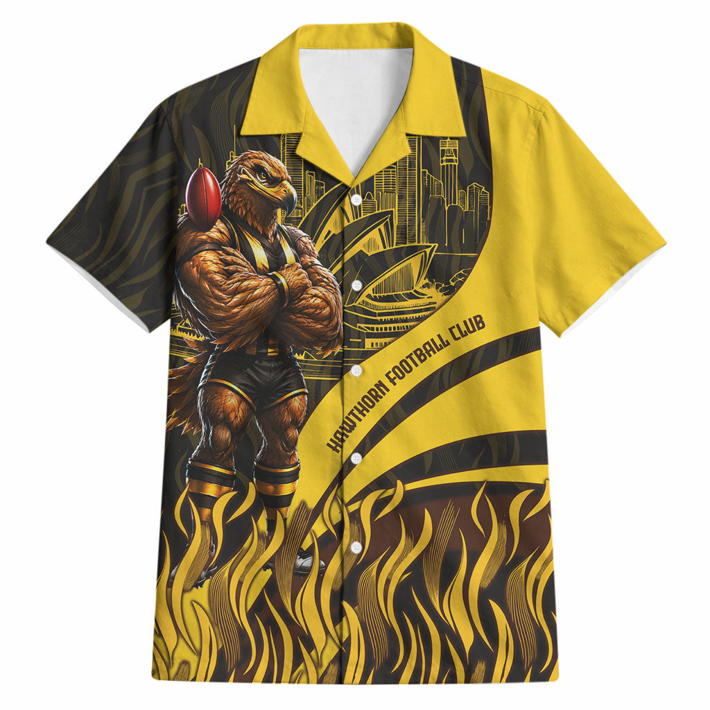 Personalised Hawthorn Hawks Football Hawaiian Shirt Australian City Skyline Graphic Fierce Mascot Art