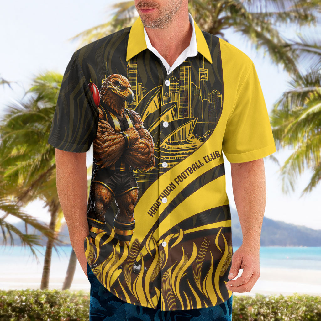 Personalised Hawthorn Hawks Football Hawaiian Shirt Australian City Skyline Graphic Fierce Mascot Art