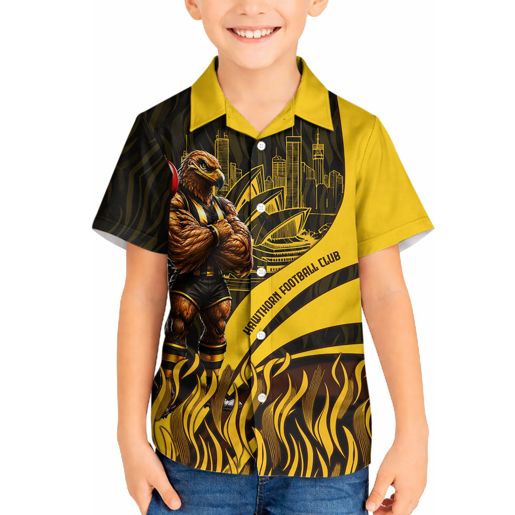 Personalised Hawthorn Hawks Football Hawaiian Shirt Australian City Skyline Graphic Fierce Mascot Art