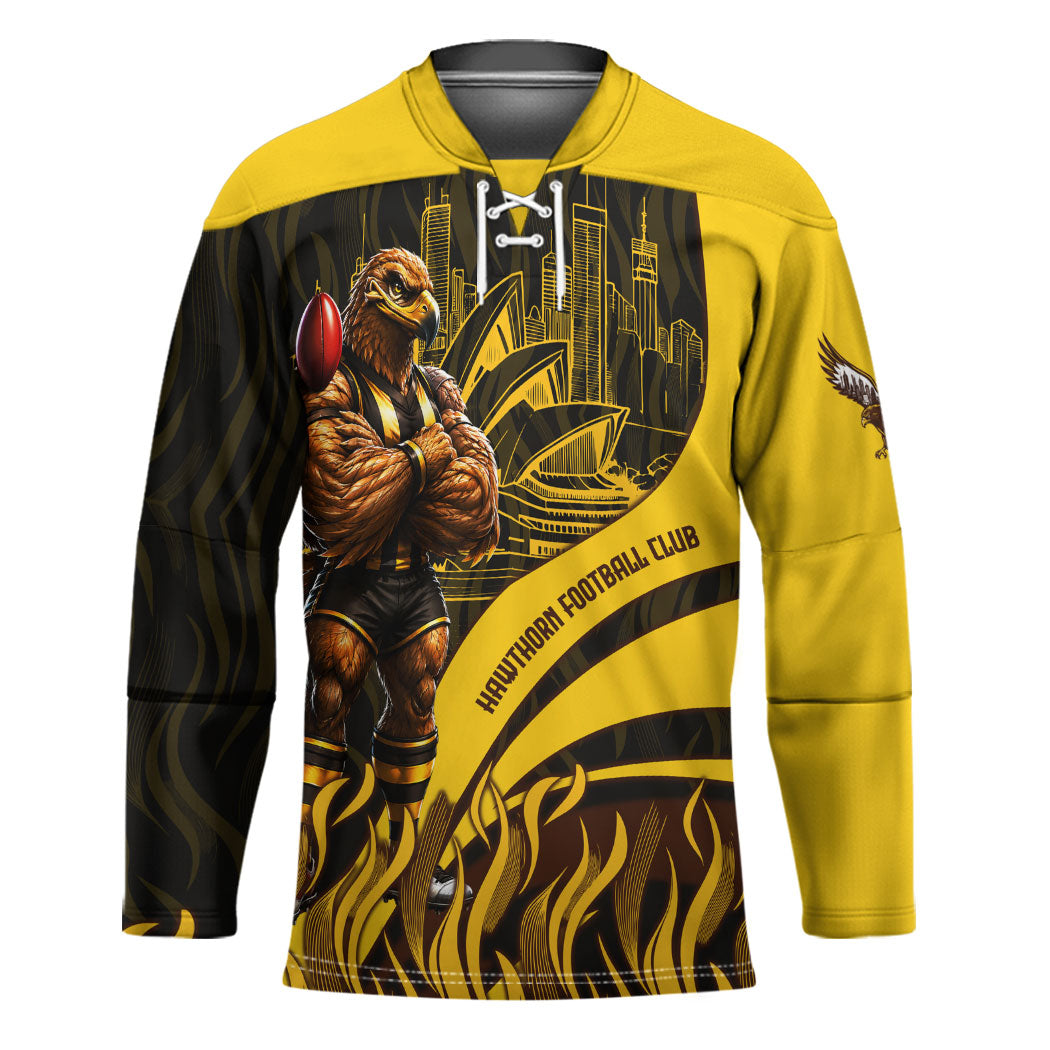 Personalised Hawthorn Hawks Football Hockey Jersey Australian City Skyline Graphic Fierce Mascot Art