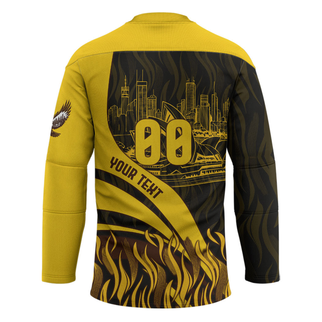 Personalised Hawthorn Hawks Football Hockey Jersey Australian City Skyline Graphic Fierce Mascot Art