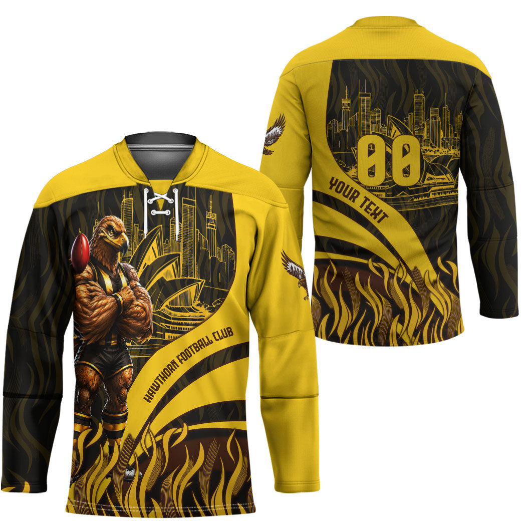 Personalised Hawthorn Hawks Football Hockey Jersey Australian City Skyline Graphic Fierce Mascot Art