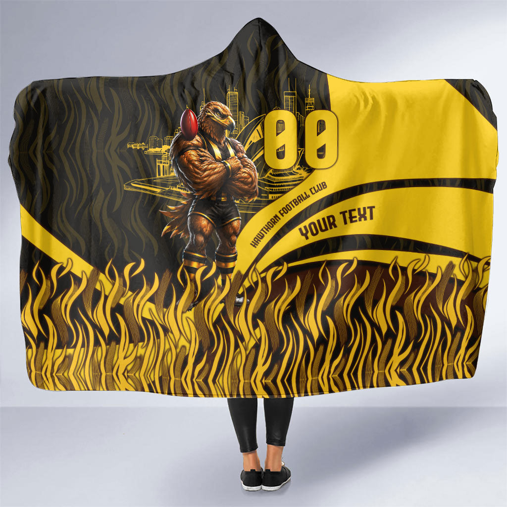 Personalised Hawthorn Hawks Football Hooded Blanket Australian City Skyline Graphic Fierce Mascot Art