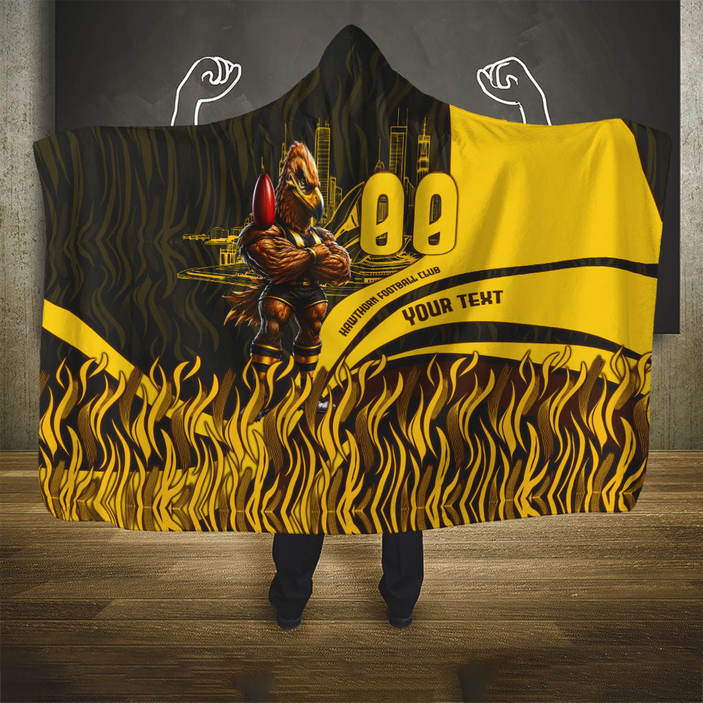 Personalised Hawthorn Hawks Football Hooded Blanket Australian City Skyline Graphic Fierce Mascot Art