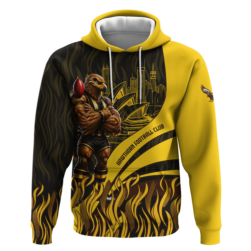 Personalised Hawthorn Hawks Football Hoodie Australian City Skyline Graphic Fierce Mascot Art
