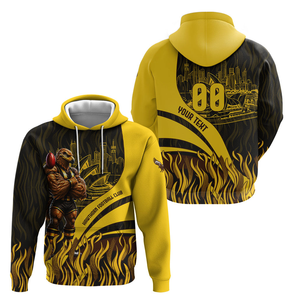 Personalised Hawthorn Hawks Football Hoodie Australian City Skyline Graphic Fierce Mascot Art